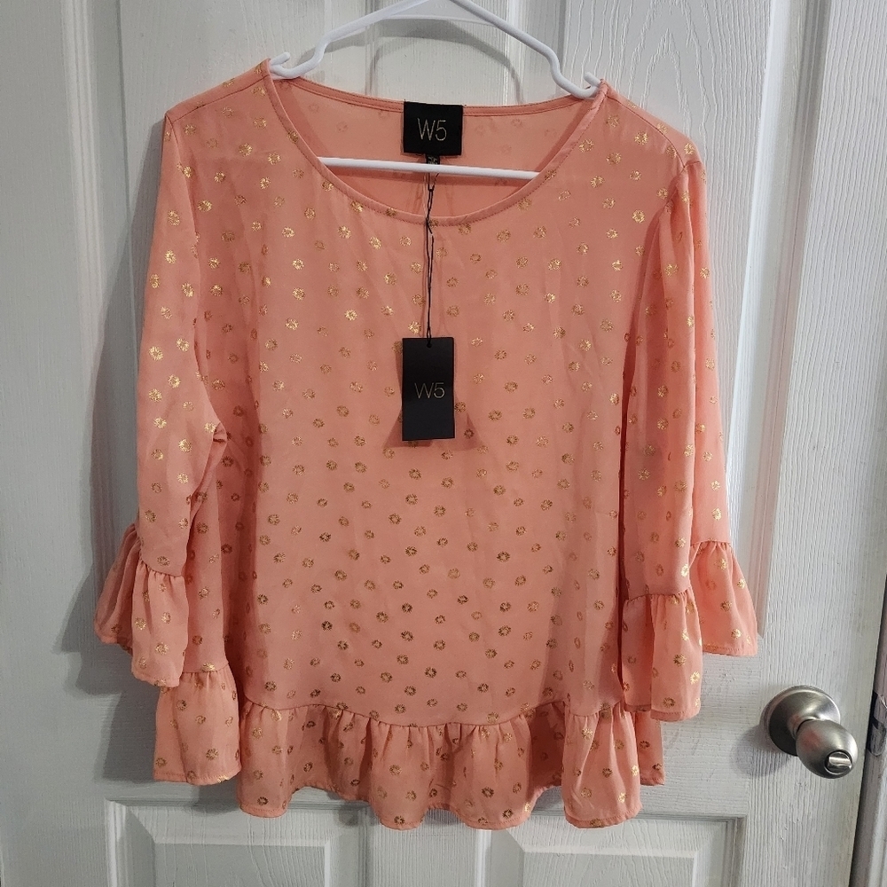 NWT Anthropologie W5 peach Starburst blouse 3/4 ruffle sleeve feminine LG